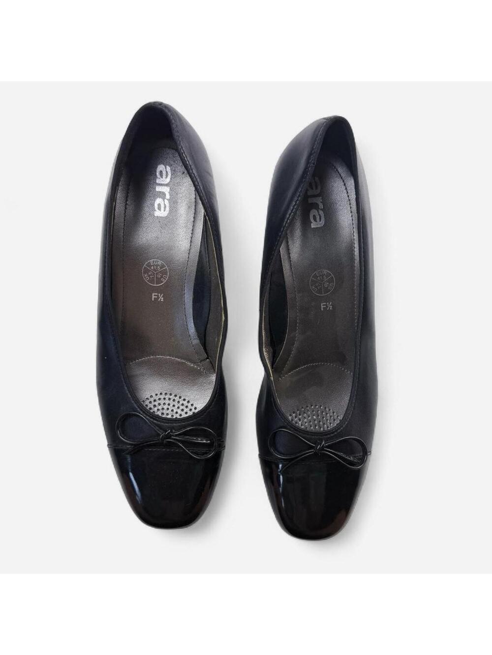 Ara Black Leather Cap Toe Bow Block Heel Pumps